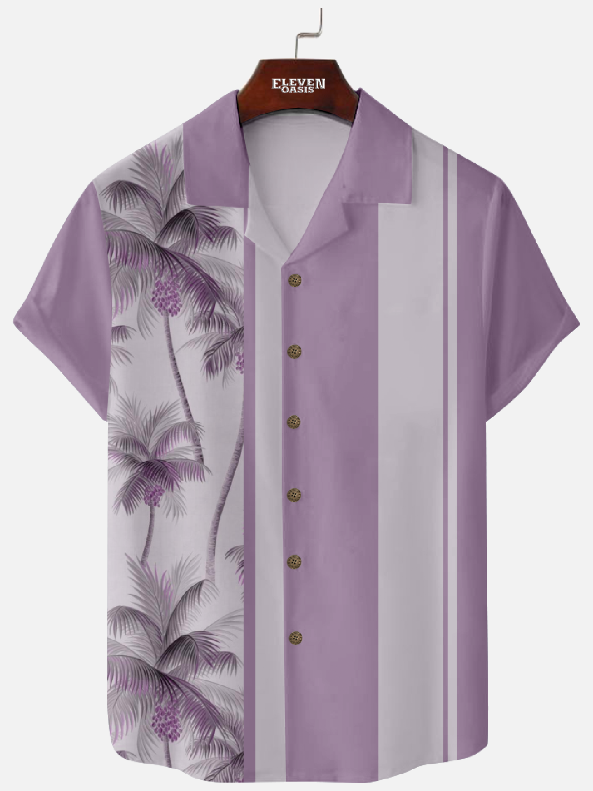 Men's Palm Tree Panel Stripe Camp Collar Short Sleeve Hawaiian Shirt Eleven Oasis