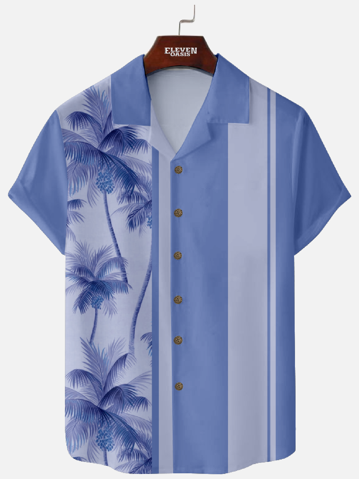 Men's Palm Tree Panel Stripe Camp Collar Short Sleeve Hawaiian Shirt Eleven Oasis