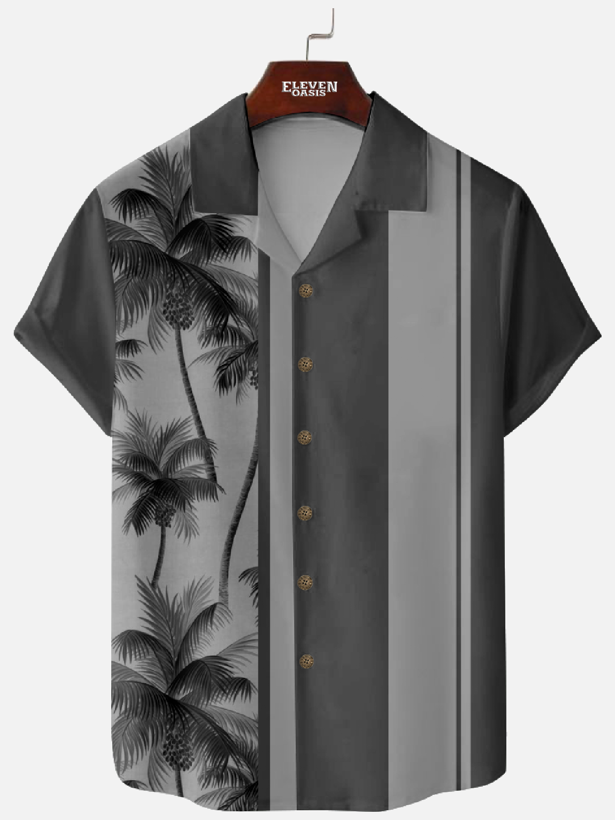Men's Palm Tree Panel Stripe Camp Collar Short Sleeve Hawaiian Shirt Eleven Oasis