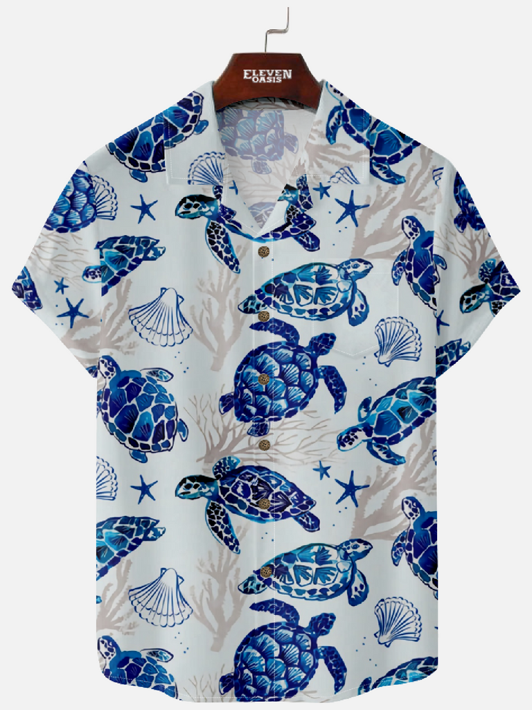 Eleven Oasis Men’s Blue Red Turtle Print Camp Collar Shirt Oceanic Style Summer Casual Design