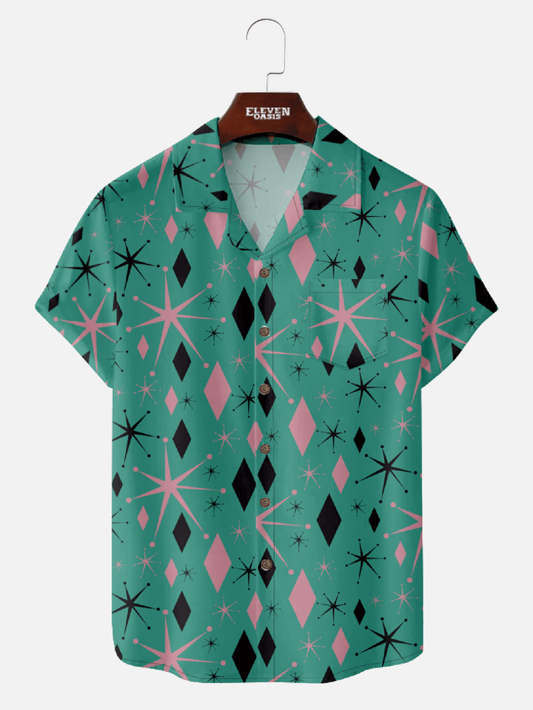 Men’s Mid-Modern Art Camp Collar Short Sleeve Shirt - Color-Block Diamond Geometric Print Eleven Oasis