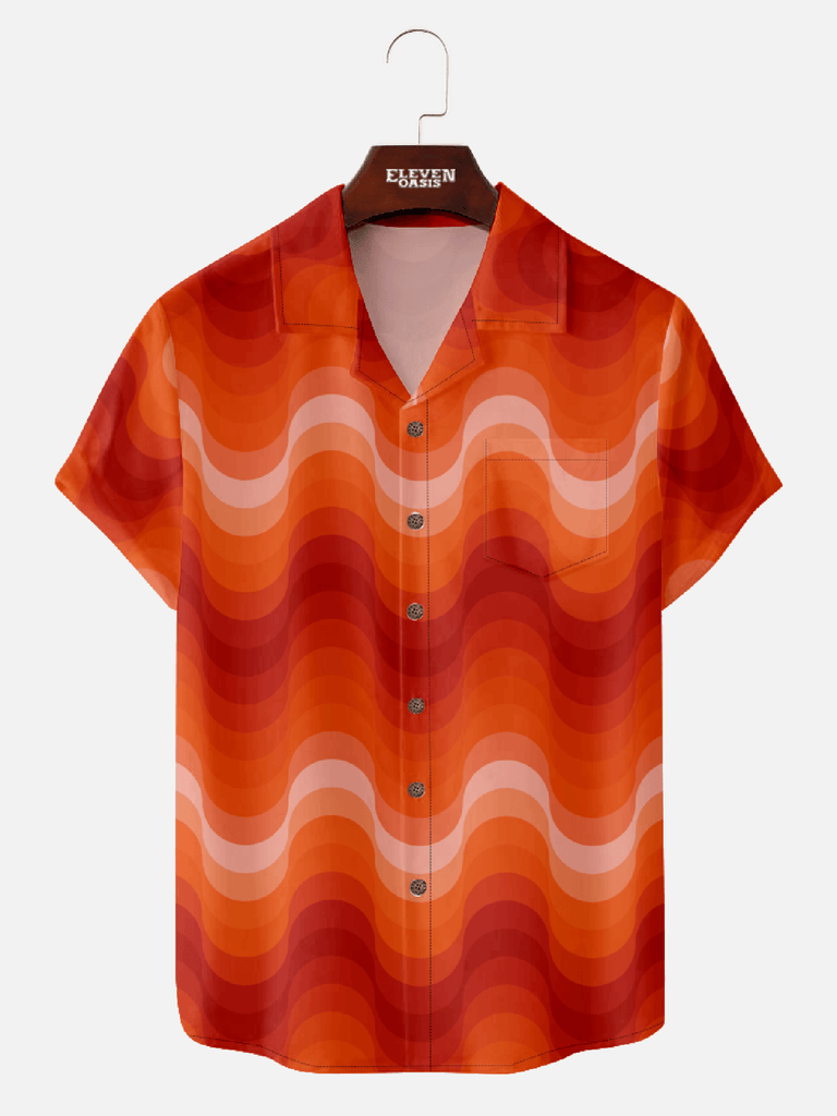 Men's Pop Art Camp Collar Short Sleeve Shirt - Modern Orange Gradient Wave Print Eleven Oasis