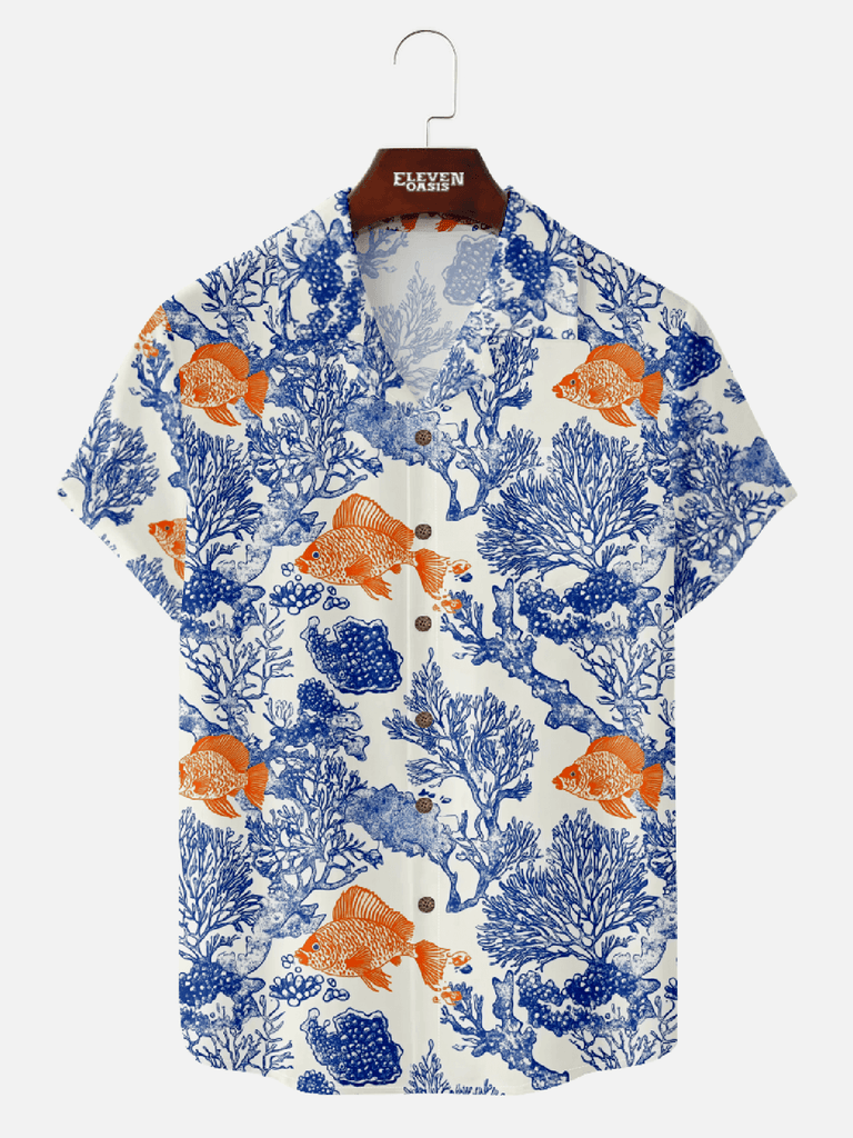 Men's Tropical Vacation Camp Collar Short Sleeve Shirt - Vibrant Coral Reefs & Playful Goldfish Eleven Oasis
