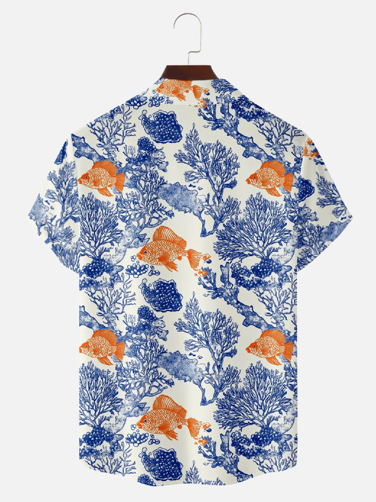 Men's Tropical Vacation Camp Collar Short Sleeve Shirt - Vibrant Coral Reefs & Playful Goldfish Eleven Oasis