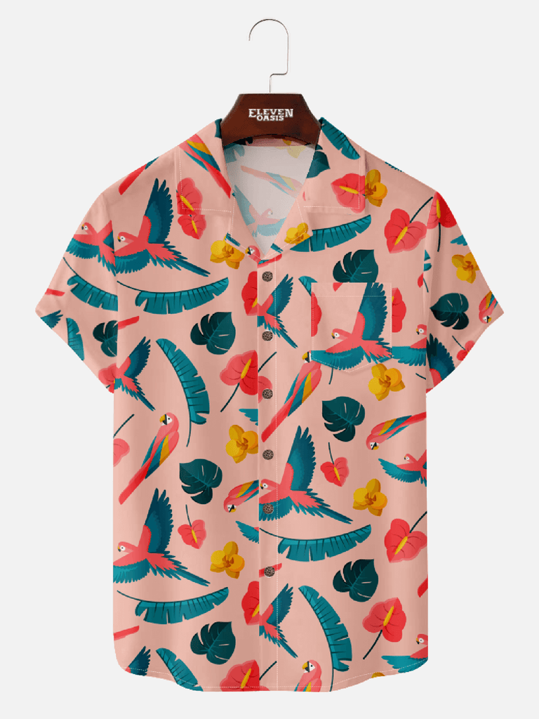 Men's Retro Camp Collar Short Sleeve Shirt with Parrot and Tropical Leaf Prints Eleven Oasis