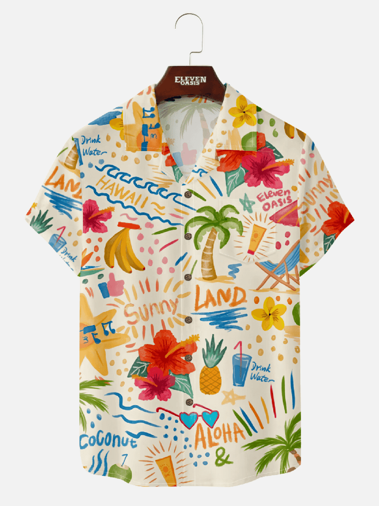 Men's Tropical Vacation Print Camp Collar Short Sleeve Shirt - Hawaii Coming for Summer Vibes Eleven Oasis
