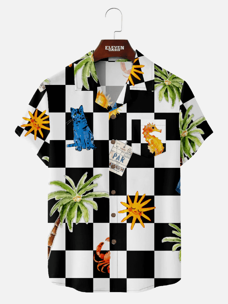 Men‘s Camp Collar Short Sleeve Shirt - Whimsical Tropical Patterns Palm Trees and Cats Eleven Oasis