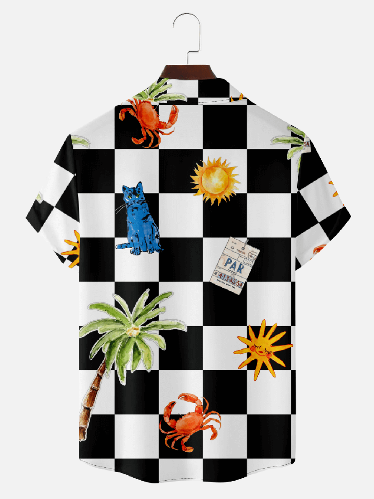 Men‘s Camp Collar Short Sleeve Shirt - Whimsical Tropical Patterns Palm Trees and Cats Eleven Oasis