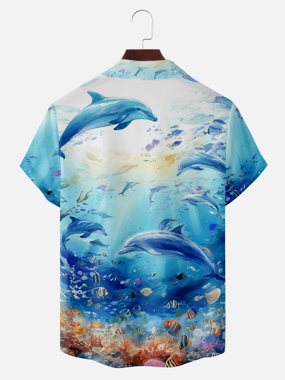 Men's Hawaii Camp Collar Short Sleeve Shirt - Dolphin & Sea Life Vacation Print Eleven Oasis