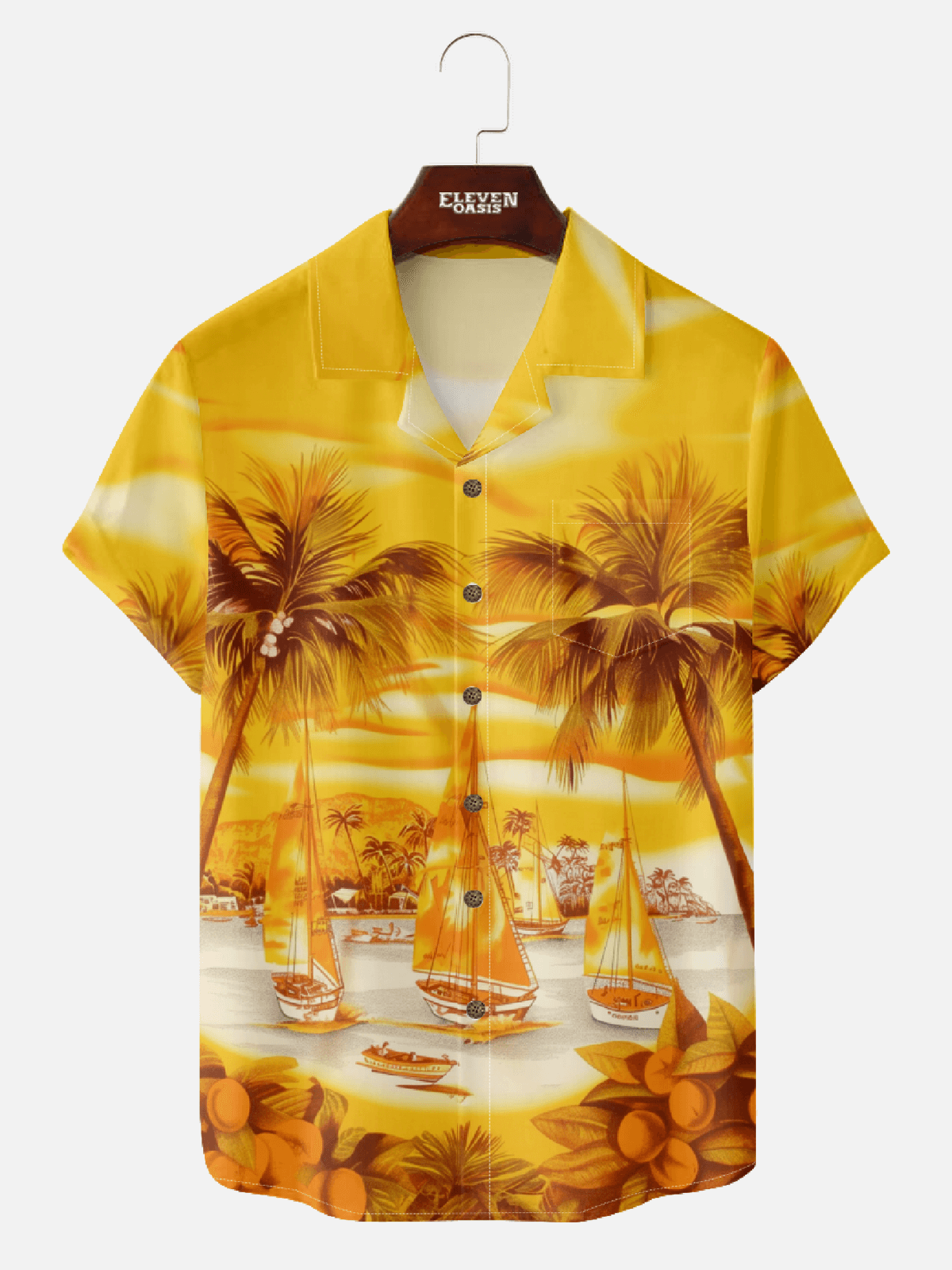 Men's Hawaii Short Sleeve Camp Collar Shirt - Tropical Paradise with Palm Trees, Sailboats & Coffee Bliss Eleven Oasis