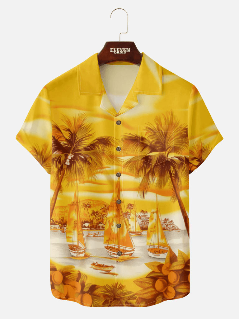 Men's Hawaii Short Sleeve Camp Collar Shirt - Tropical Paradise with Palm Trees, Sailboats & Coffee Bliss Eleven Oasis