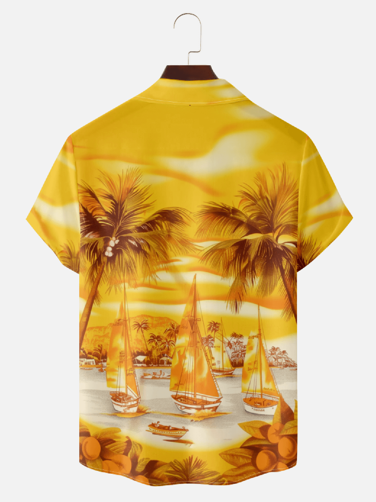 Men's Hawaii Short Sleeve Camp Collar Shirt - Tropical Paradise with Palm Trees, Sailboats & Coffee Bliss Eleven Oasis