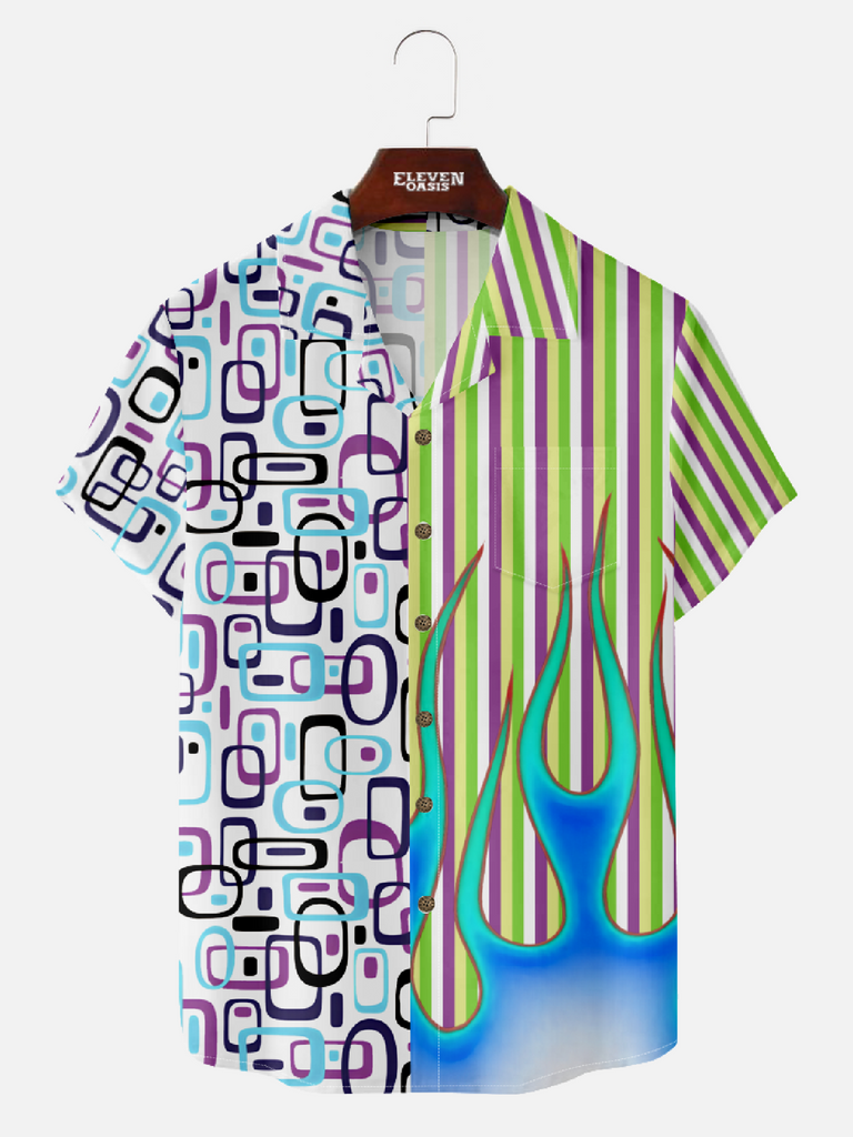 Men's Camp Collar Short Sleeve Shirt - Mid-Century Geometric Stripes & Flame Design Eleven Oasis