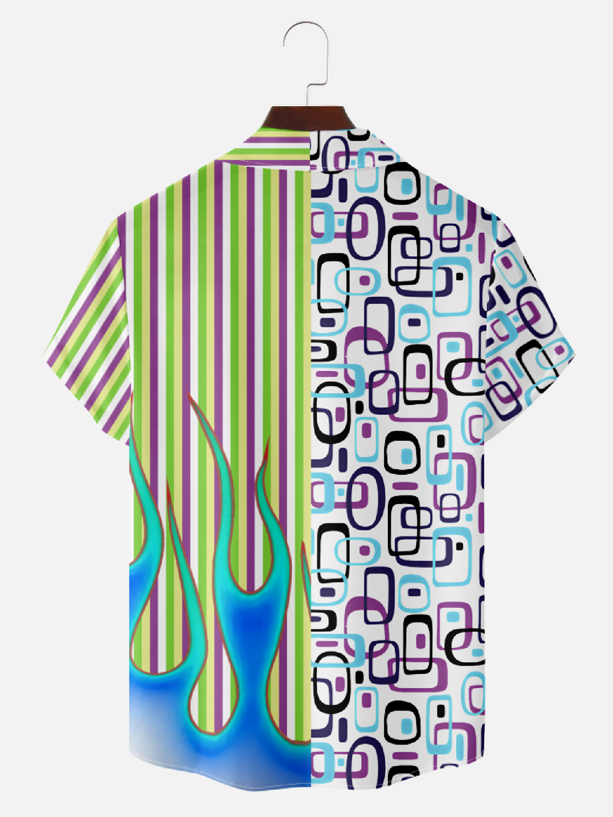 Men's Camp Collar Short Sleeve Shirt - Mid-Century Geometric Stripes & Flame Design