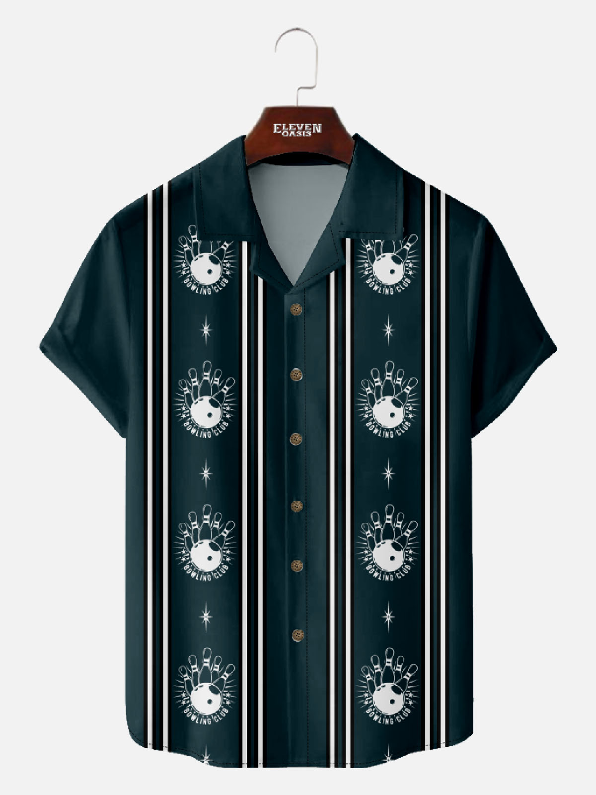 Men’s Bowling Camp Collar Short Sleeve Shirt Strike King Bowling Vintage Eleven Oasis