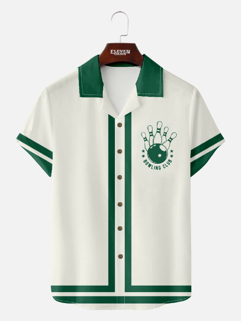 Men’s Bowling Camp Collar Short Sleeve Shirt 60s Green-Trim Bowling Style Eleven Oasis