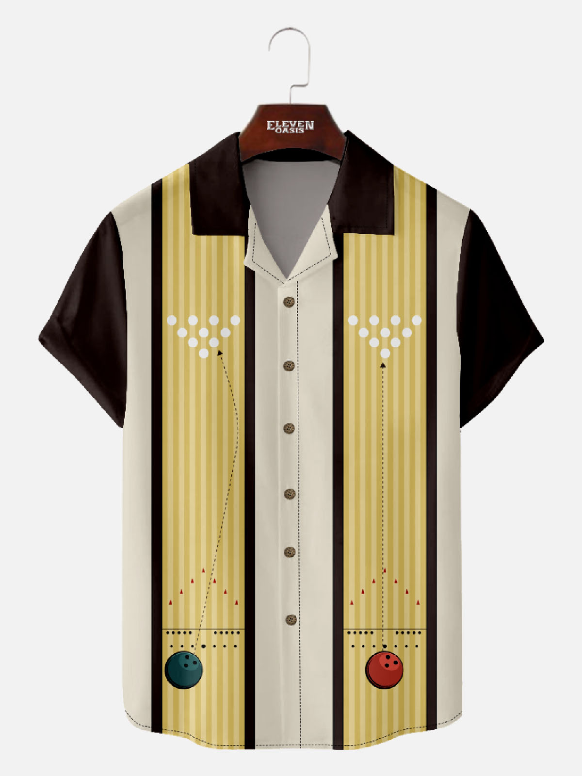 Men’s Bowling Camp Collar Short Sleeve Shirt Color Blocking Bowling Lane Eleven Oasis