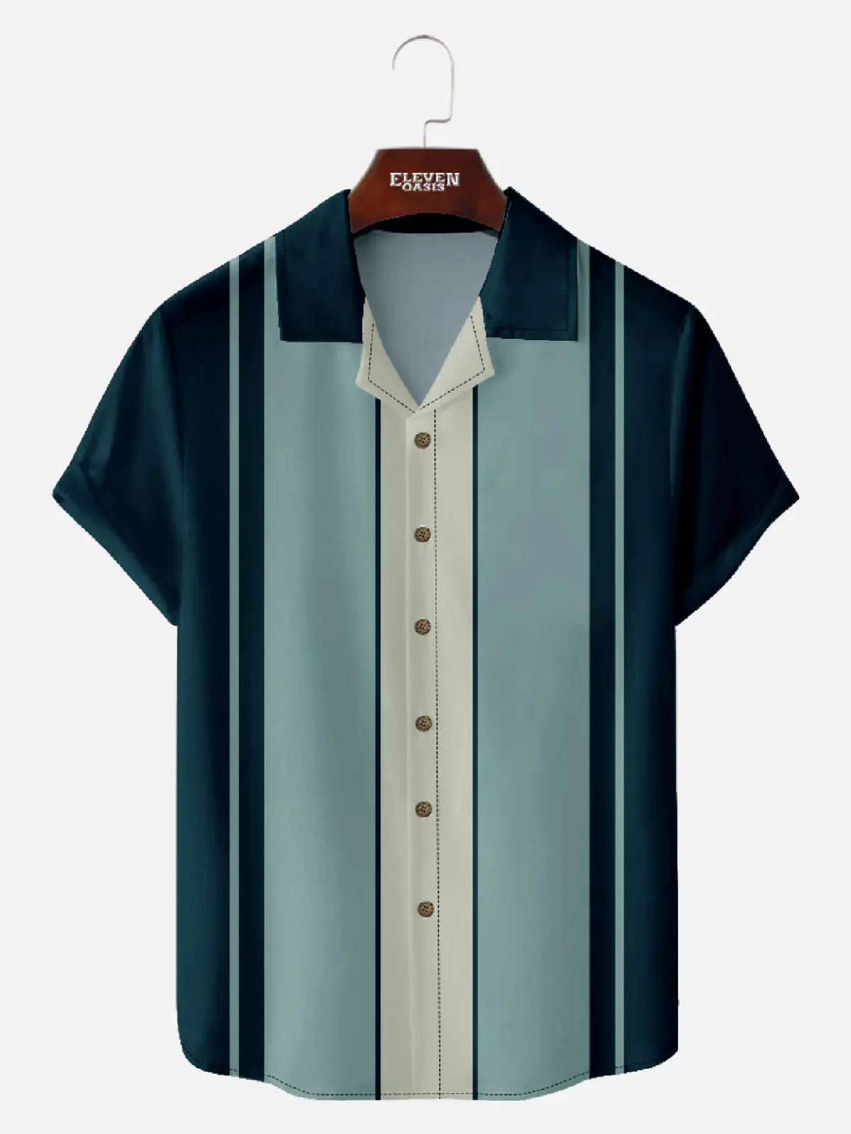 Tall Men's Classic Color-block Panel Stripe Camp Collar Short Sleeve Shirt Eleven Oasis
