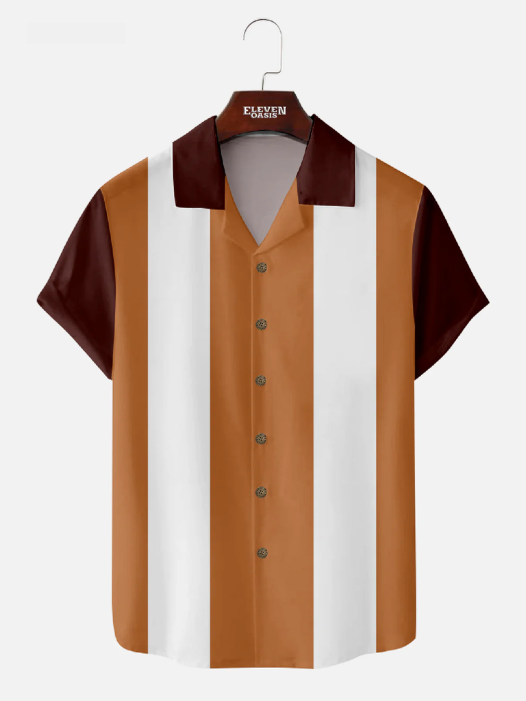 Men's Color block Panel Stripe Camp Collar Short Sleeve Shirt Eleven Oasis
