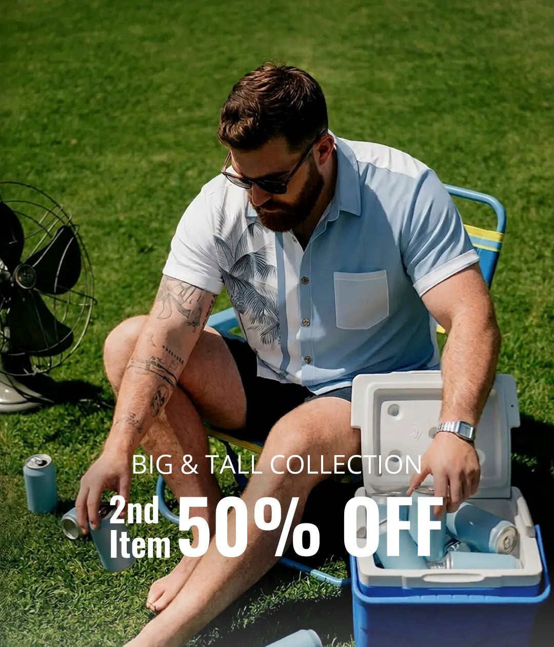 Man sitting on grass with a cooler, promotional text overlay for a sale.