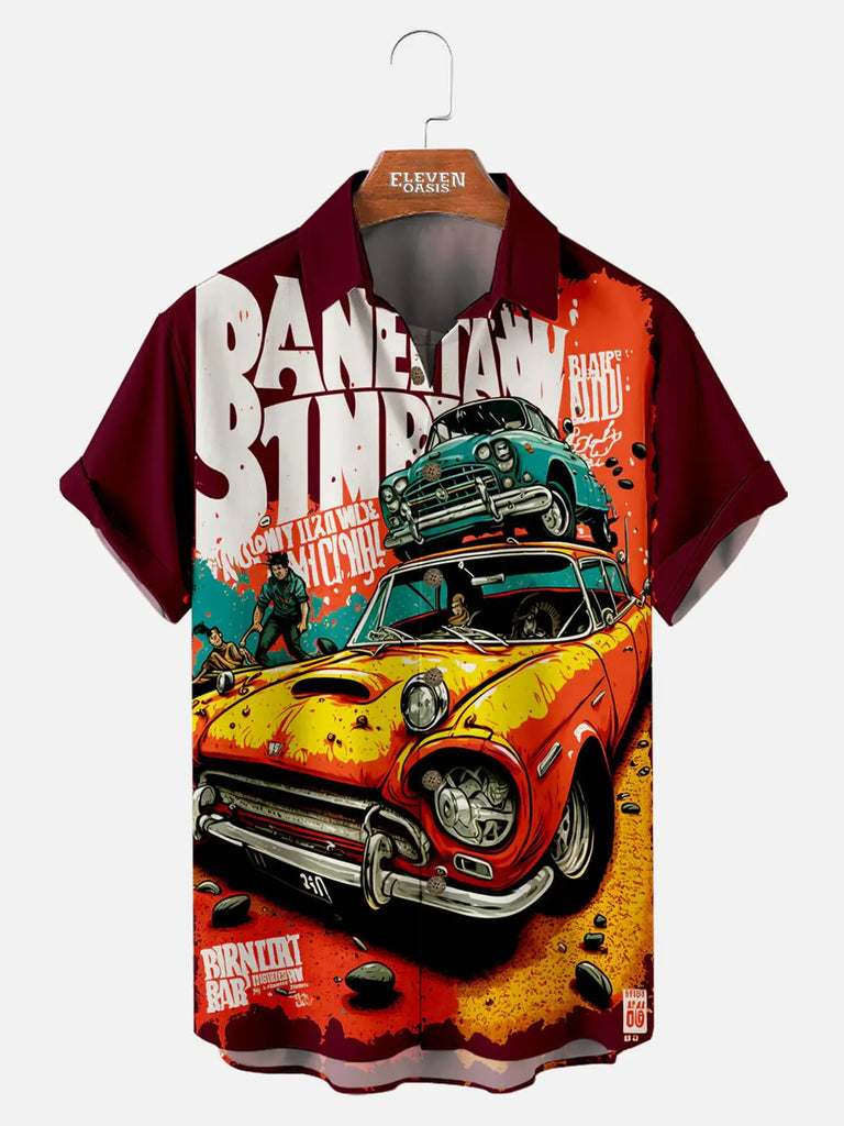 Modified classic car comic illustration printing men's short-sleeved shirt Eleven Oasis