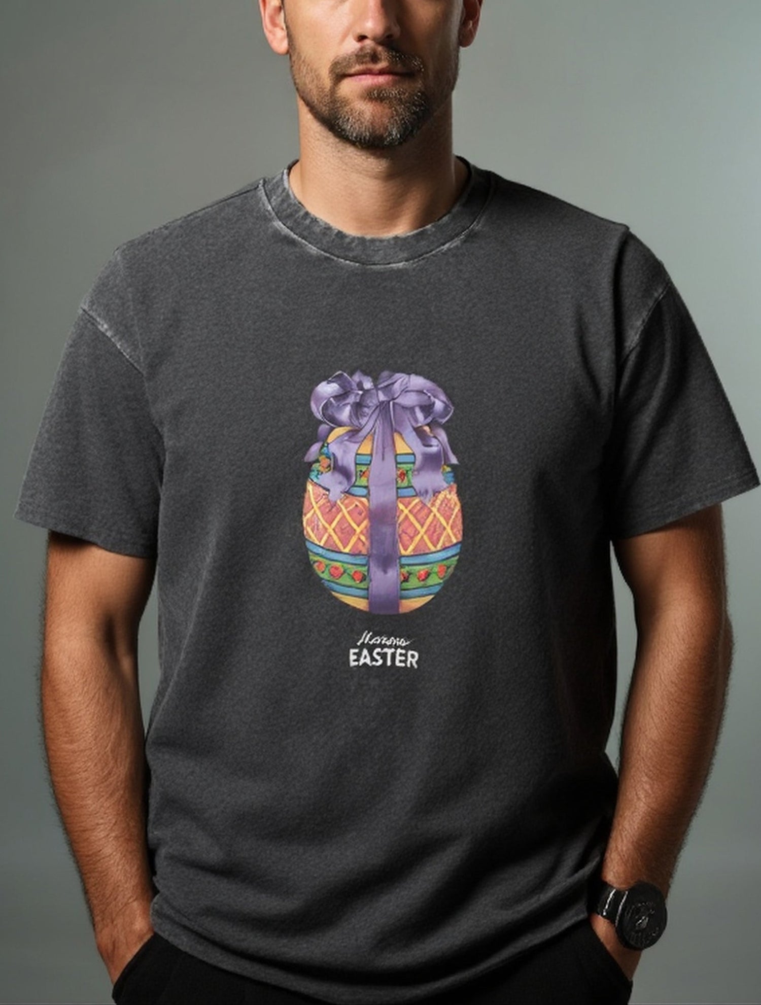 Happy Easter Ribbon Egg Acid Wash Cotton T-Shirt Eleven Oasis