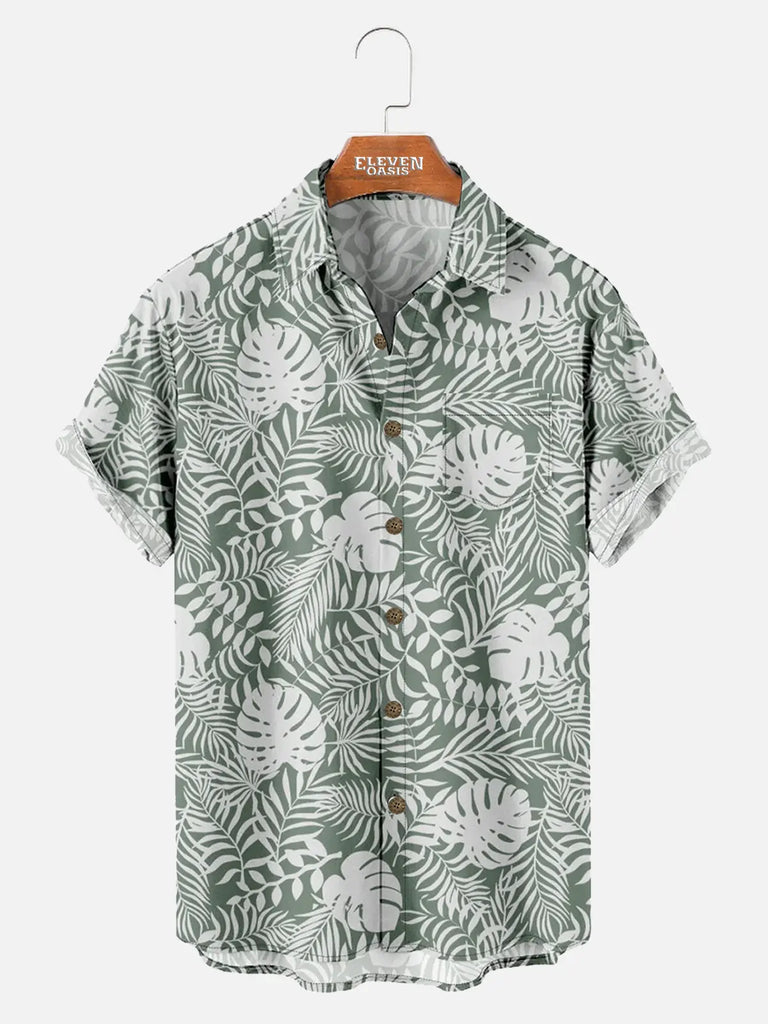 Men's Hawaiian Print Foliage Leaves Pattern Short Sleeve Shirt ElevenOasis