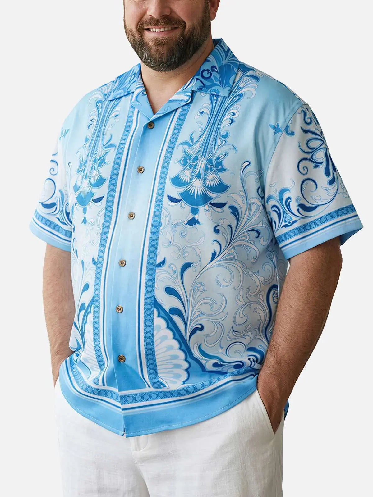 Tall Men's Baroque Scrollwork Panel Camp Collar Short Sleeve Shirt Eleven Oasis