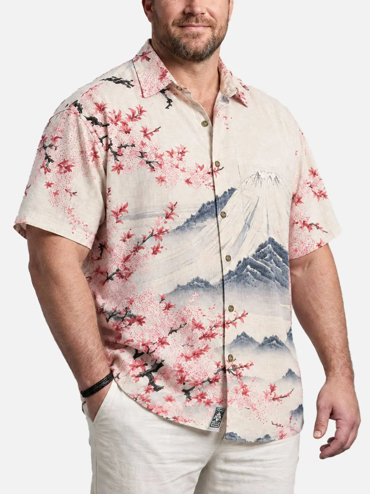 Tall Men's Japan-Inspired Mt Fuji and Cherry Blossoms Short Sleeve Shirt 