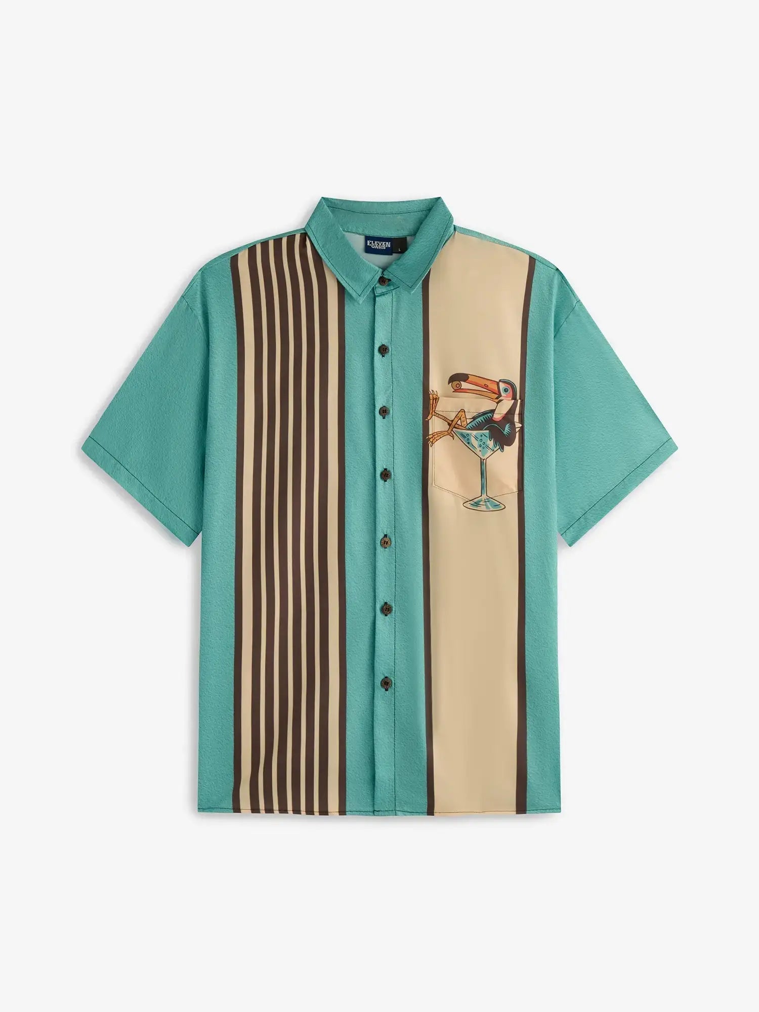 Men's Striped Everyday with Toucan in a Cocktail Glass Short Sleeve Casual Shirt ElevenOasis