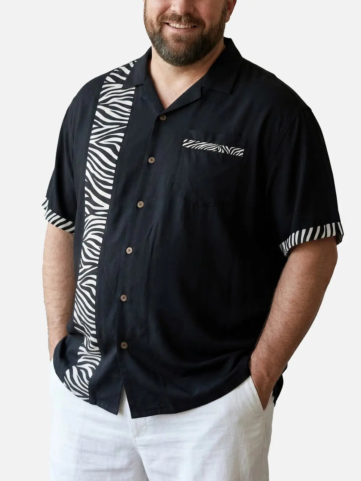 Tall Men's Zebra Stripe Panel Bowling Short Sleeve Shirt Eleven Oasis