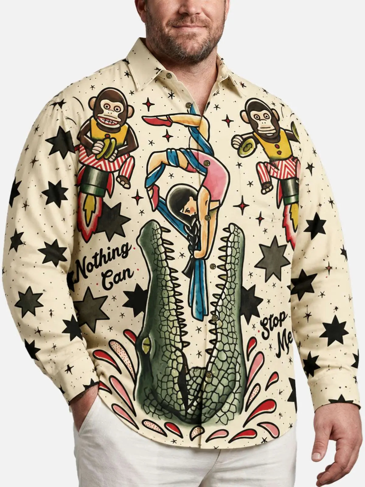 Tall Men's Vintage Circus Print with Crocodile and Monkey Long Sleeve Shirt?
