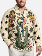 Tall Men's Vintage Circus Print with Crocodile and Monkey Long Sleeve Shirt?