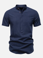 Men's Cotton Linen Band Collar Short Sleeve Shirt Eleven Oasis