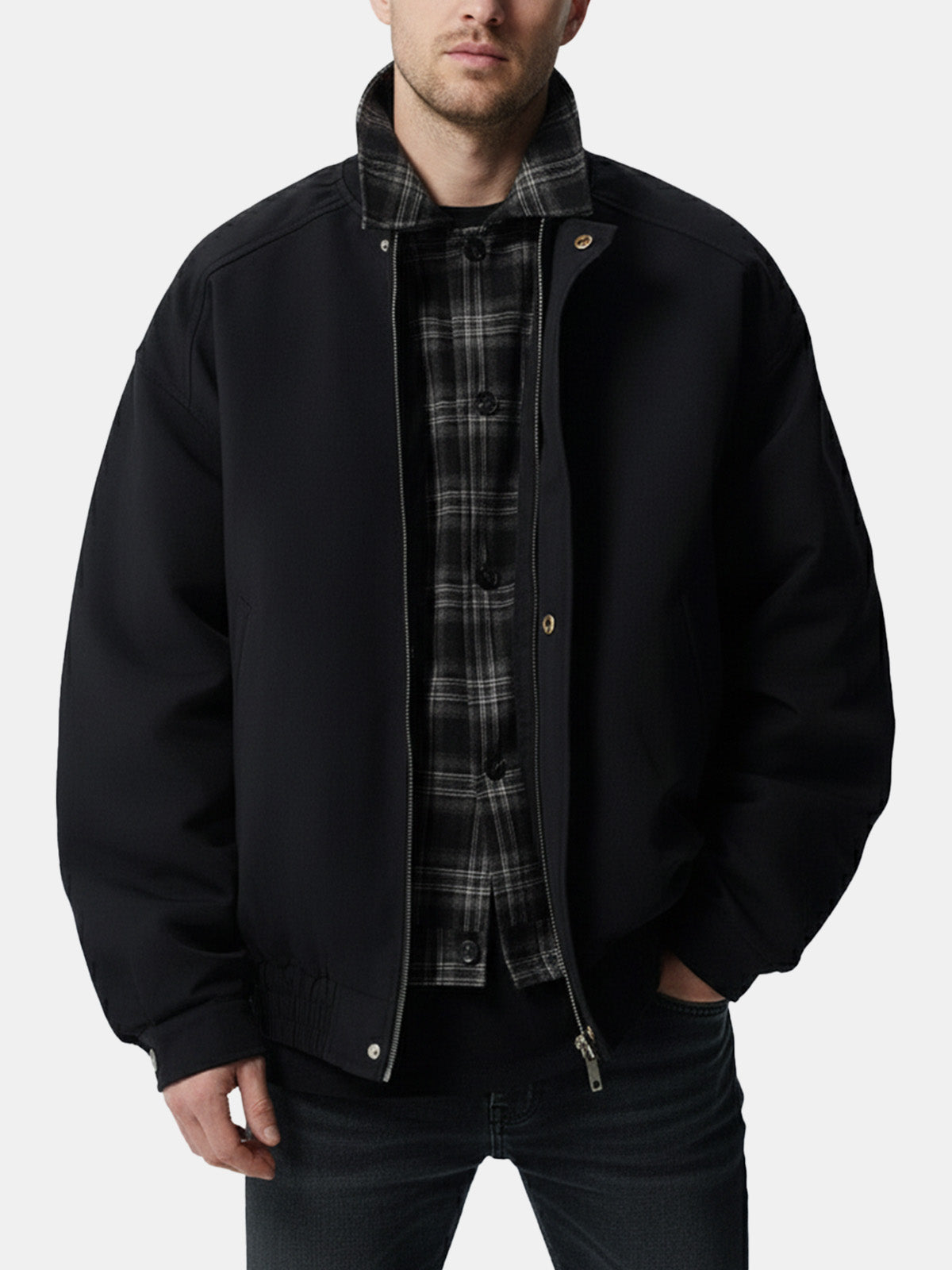 Men's Plaid Collar Zip-Up Bomber Jacket Eleven Oasis