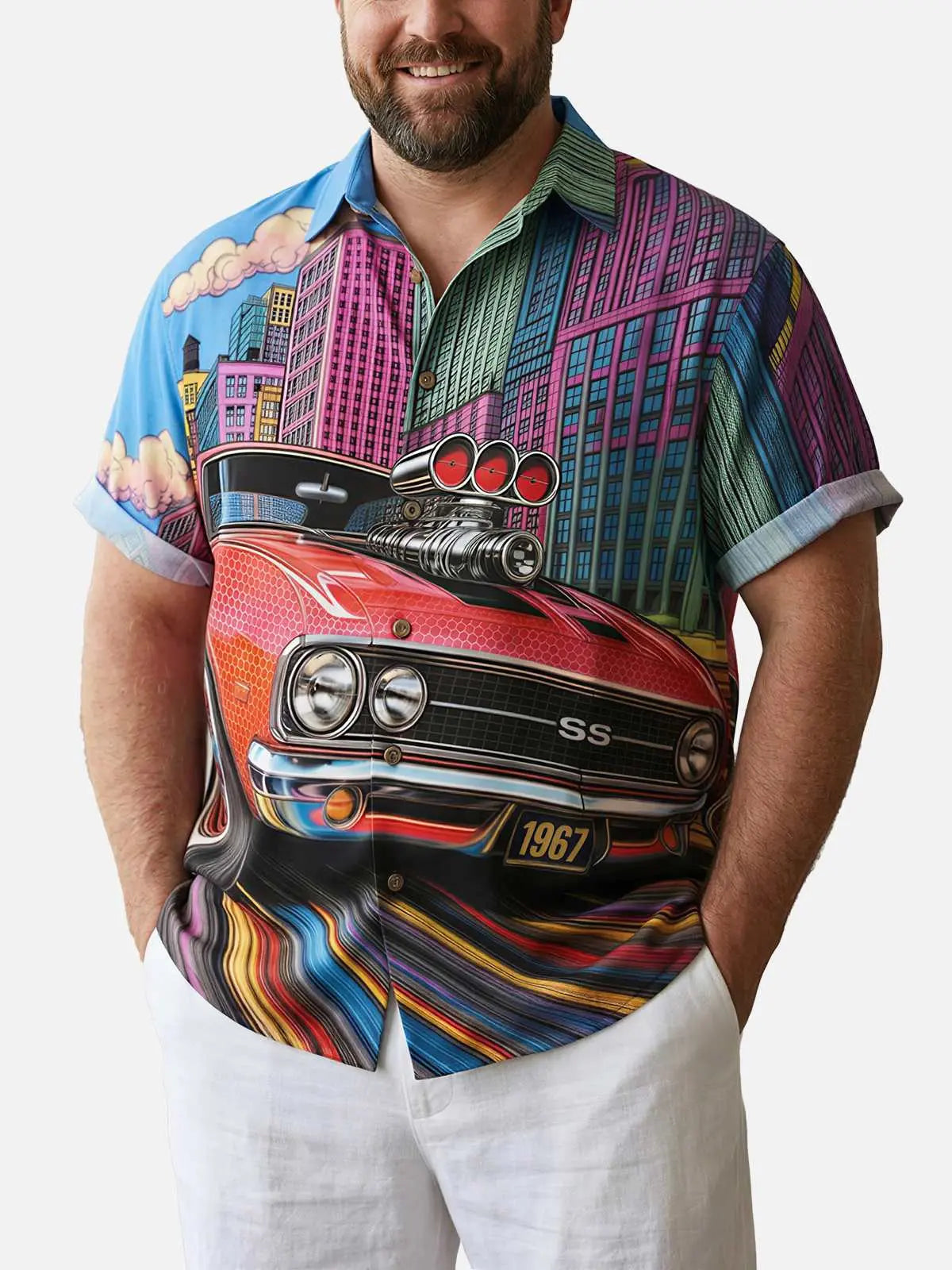 Tall Men's Supercharged Muscle Car City Short Sleeve Shirt Eleven Oasis