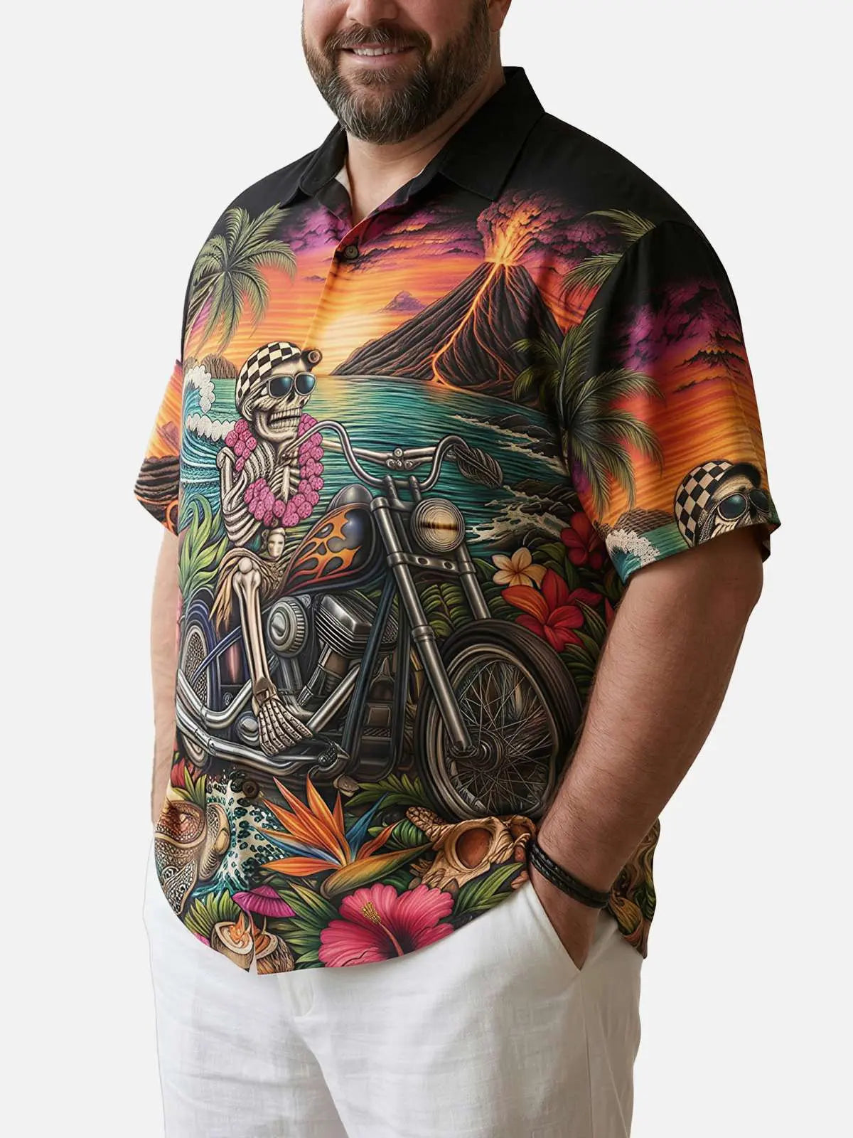 Tall Men's Tropical Skull Biker Short Sleeve Shirt Eleven Oasis