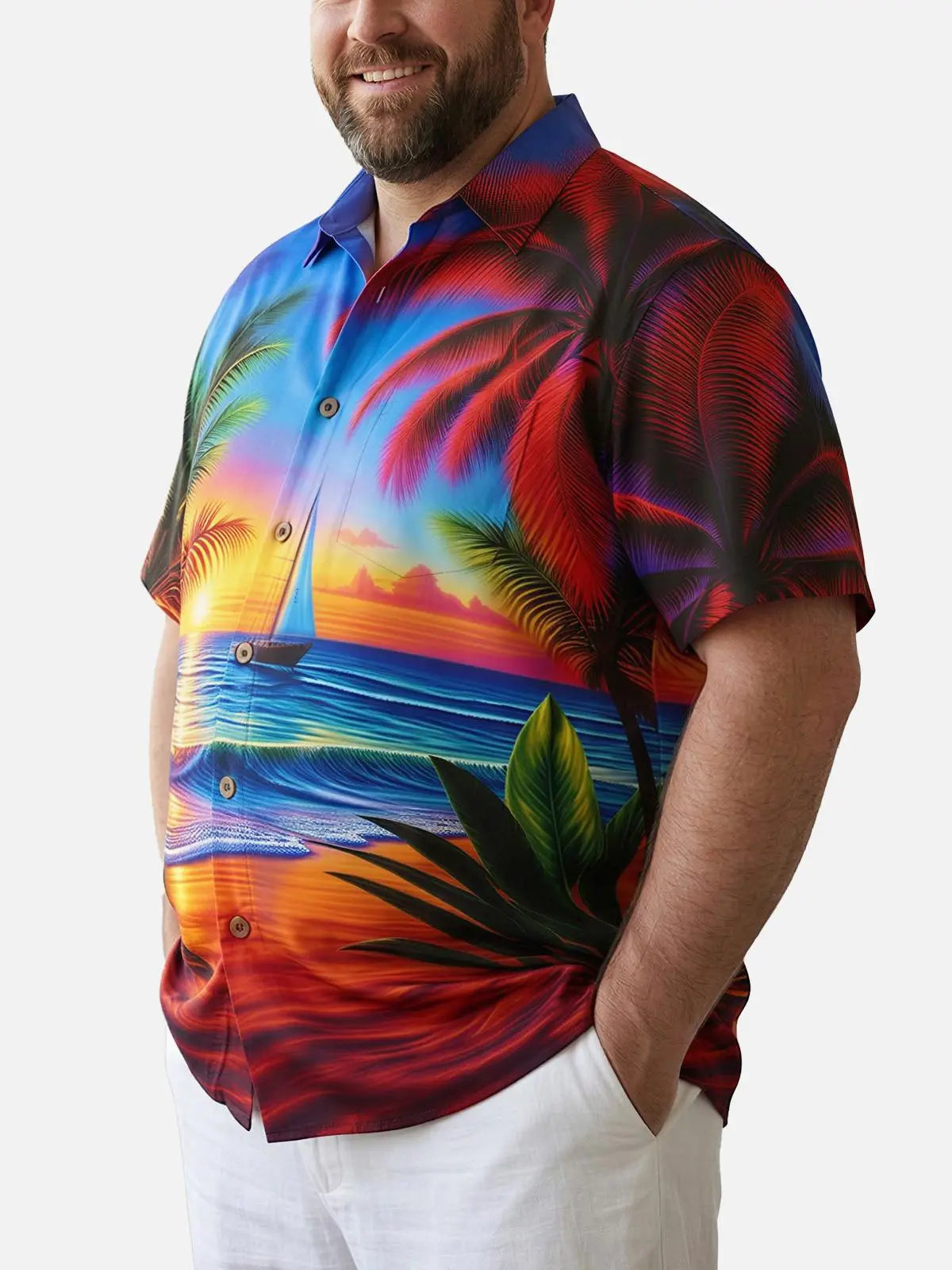 Tall Men's Vibrant Sunset Beach Ocean Sand Vacation Short Sleeve Shirt ElevenOasis