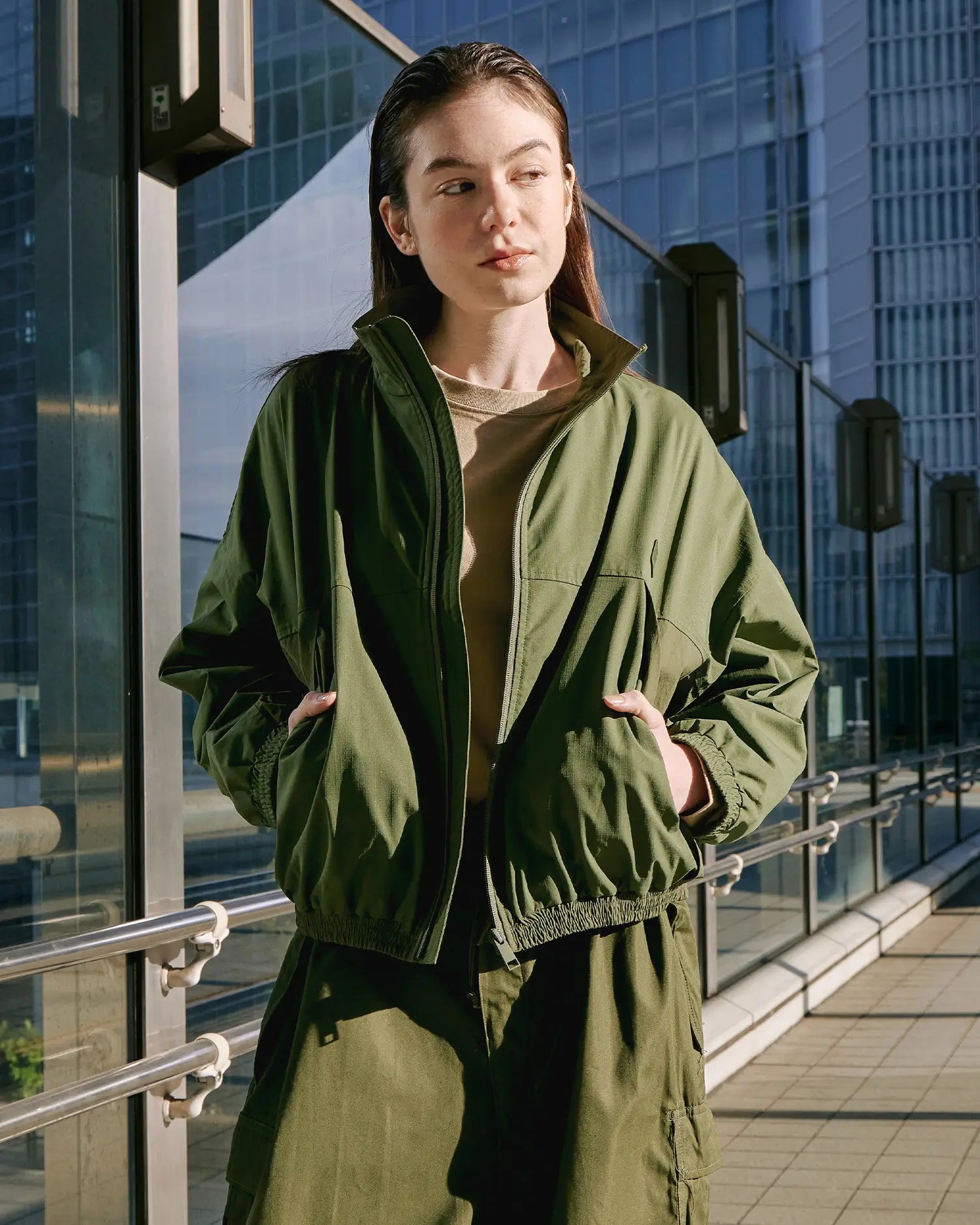 Women's Cropped Track Jacket in Military Green 08 