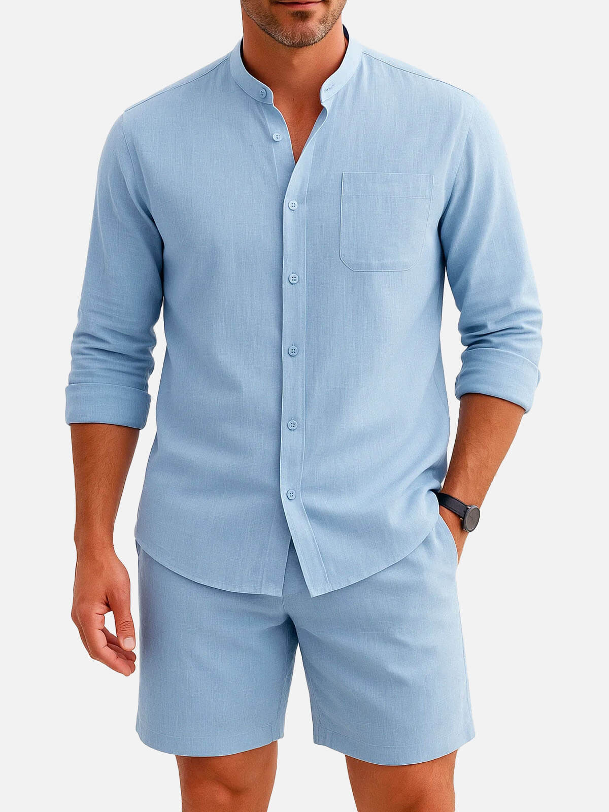 Men’s Solid Color Linen Stand Up Collar Long Sleeve Elastic Waist Set Casual Slow Sunday Two Piece Eleven Oasis