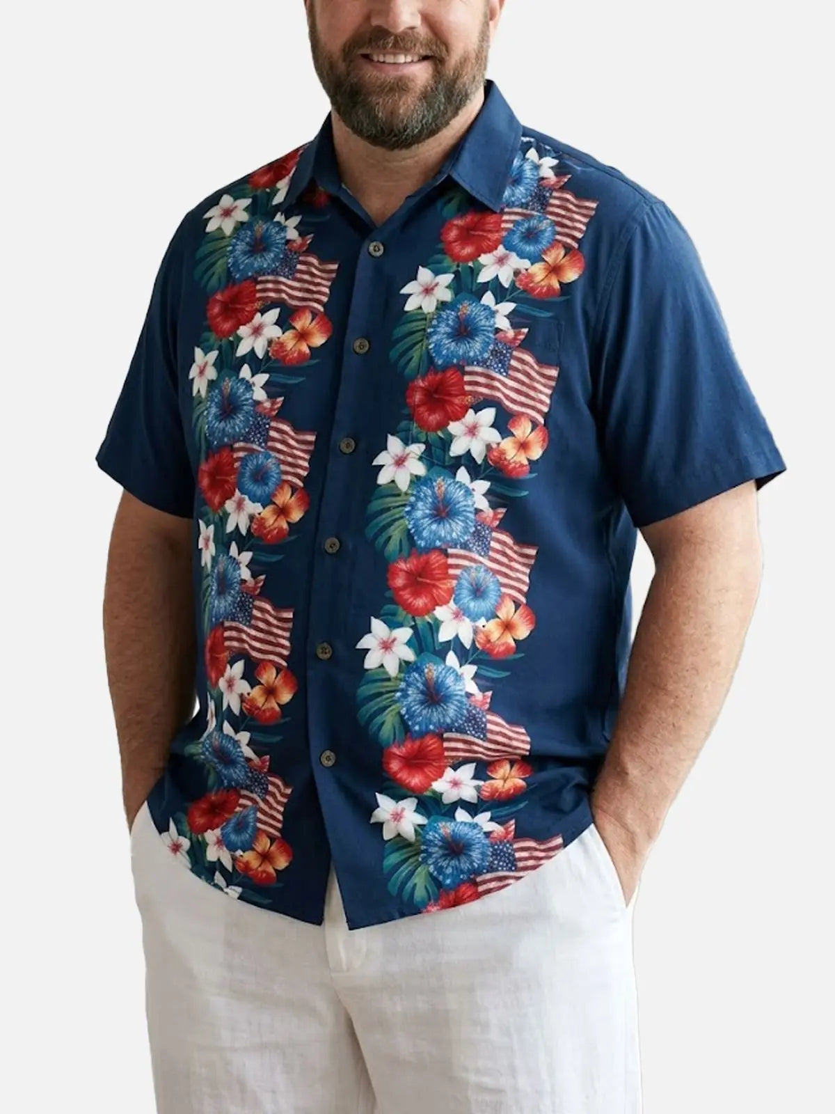 Tall Men's Patriotic Tropical Floral Short Sleeve Shirt Eleven Oasis