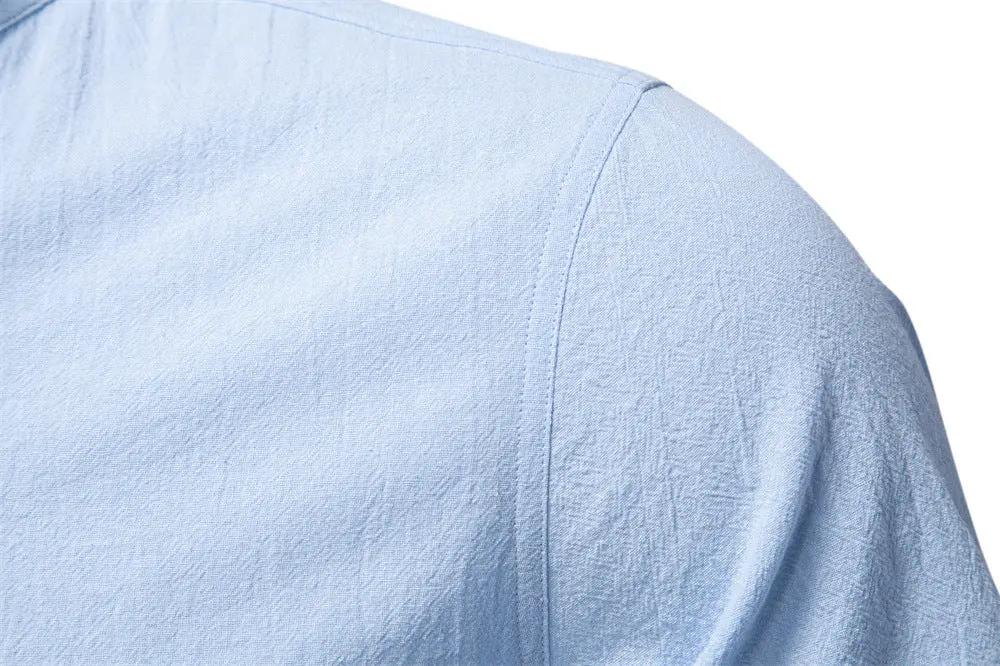 Men's Cotton Linen Band Collar Short Sleeve Shirt ElevenOasis