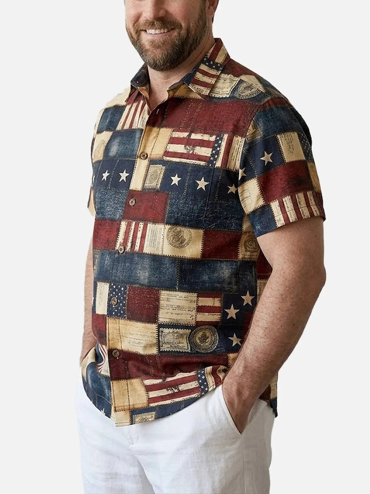 Tall Men's Vintage Patchwork Americana Short Sleeve Shirt Eleven Oasis