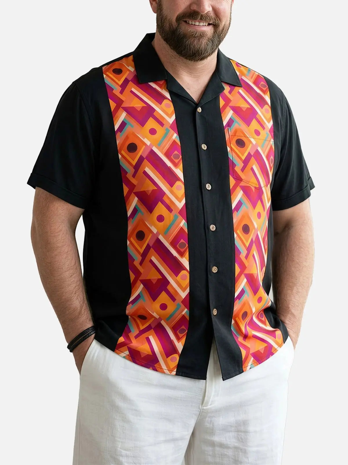 Tall Men's Retro Geometric Panel Bowling Short Sleeve Shirt Eleven Oasis