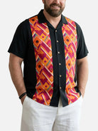 Tall Men's Retro Geometric Panel Bowling Short Sleeve Shirt Eleven Oasis
