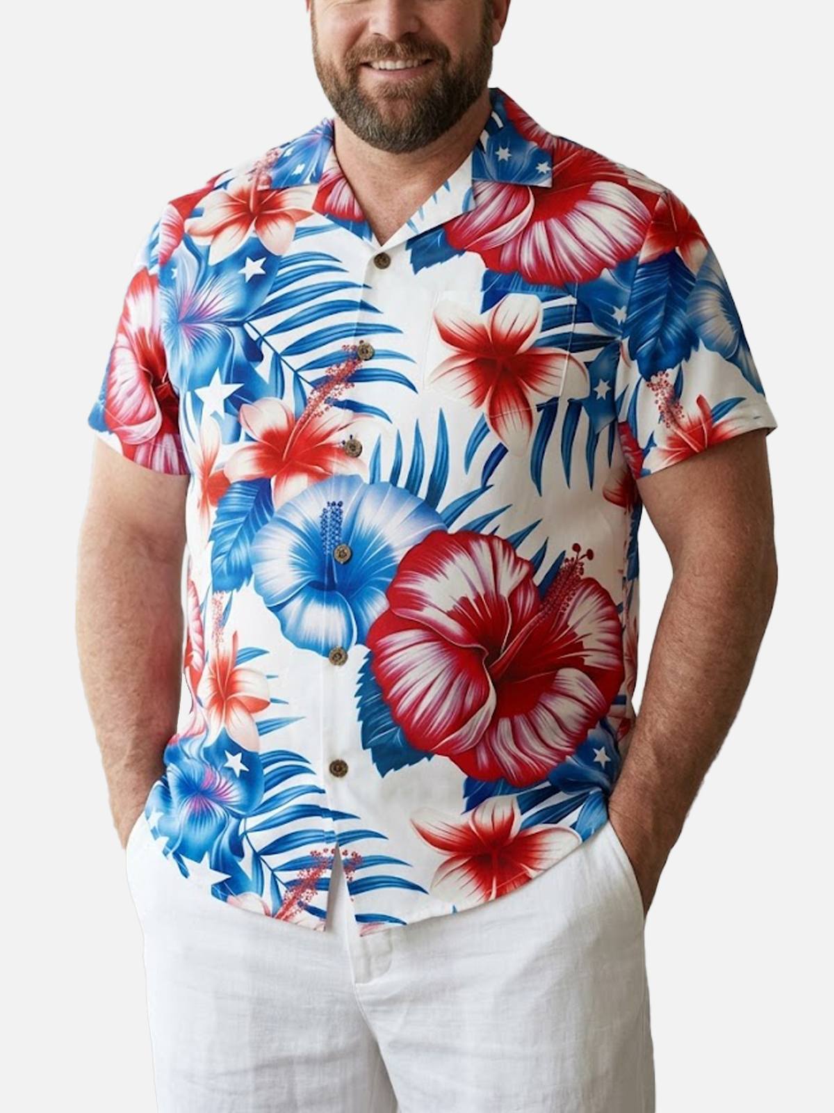 Tall Men's Patriotic Tropical Hawaiian Floral Short Sleeve Shirt Eleven Oasis