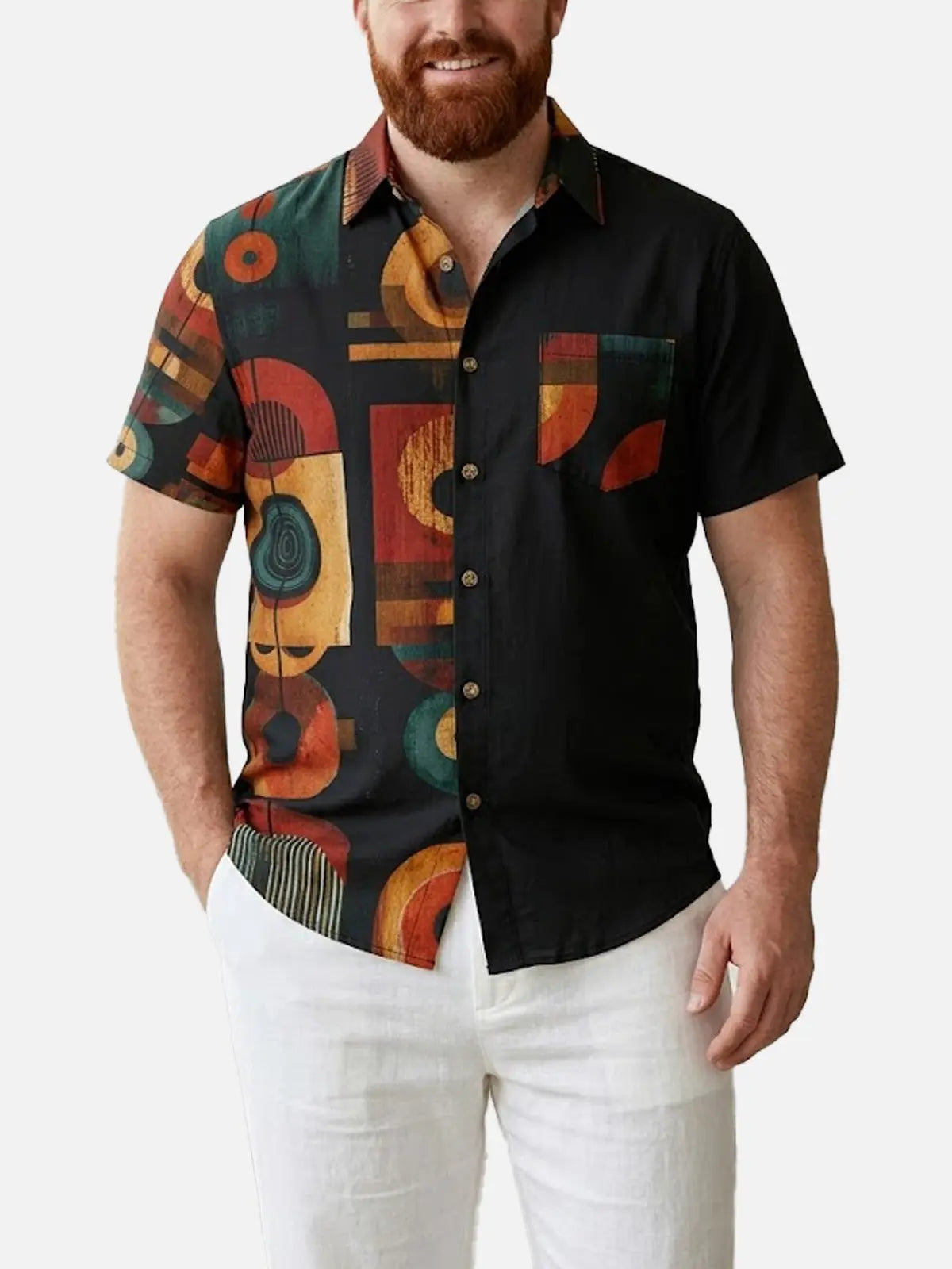 Tall  Men's Retro Geometric Panel Short Sleeve Shirt Eleven Oasis