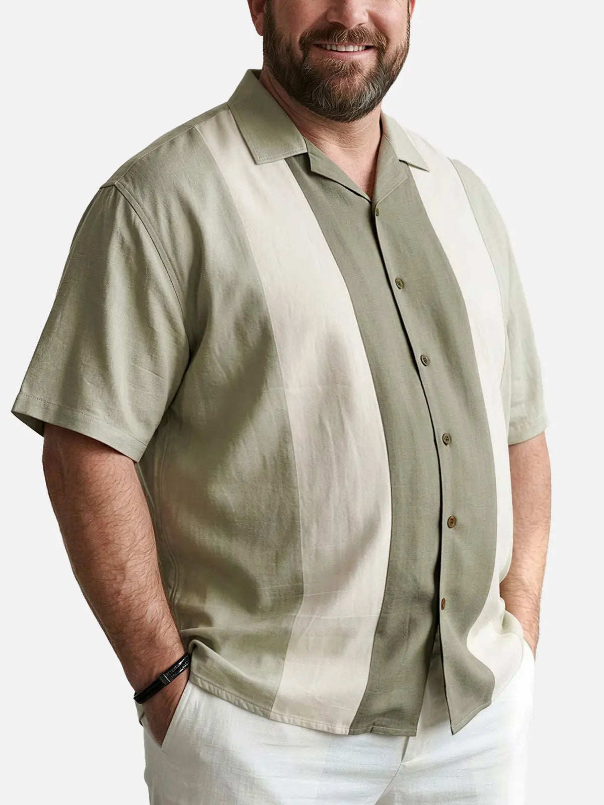 Tall Men's Morandi Color block Panel Stripe Camp Collar Short Sleeve Shirt ElevenOasis