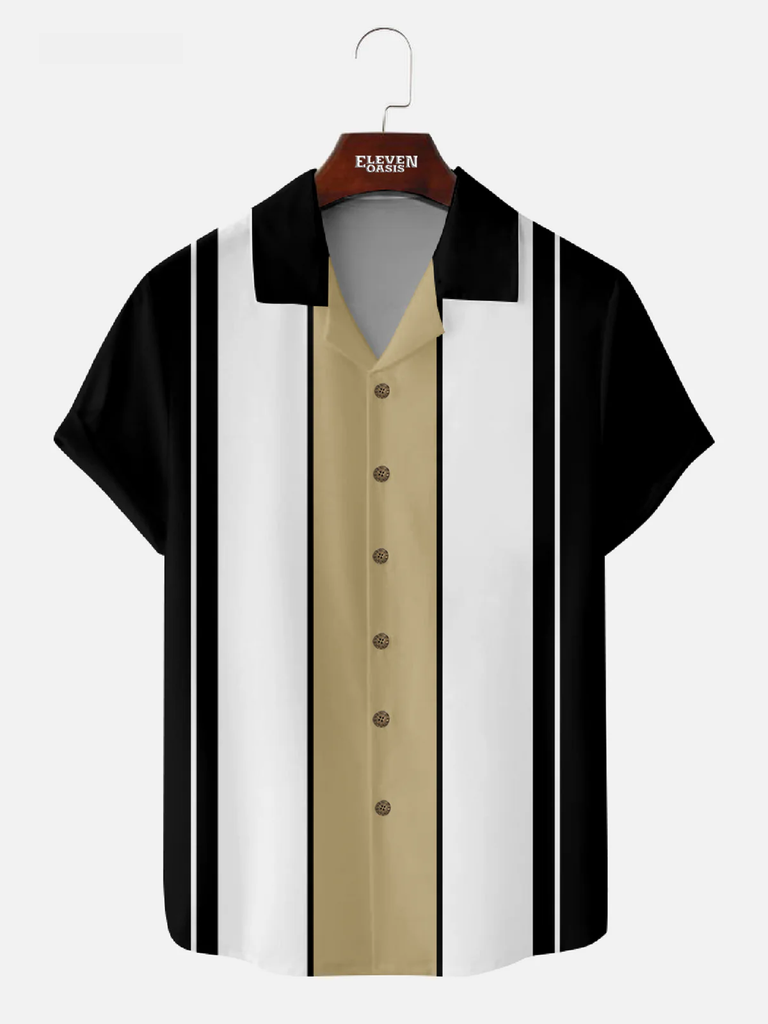 Men's Classic Color-block Panel Stripe Camp Collar Short Sleeve Shirt Eleven Oasis