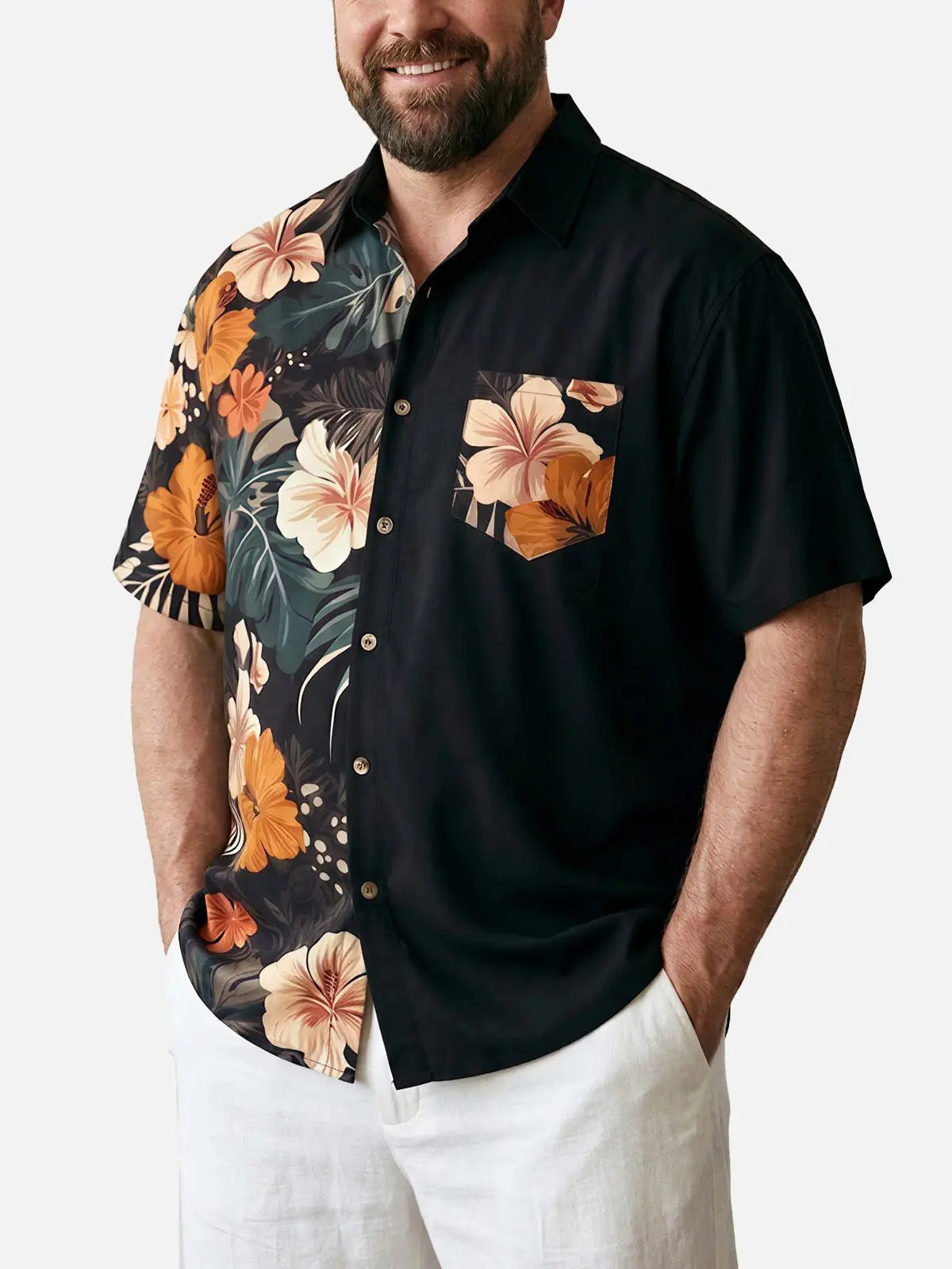Tall Men's Hawaiian Retro Tropical Flora Short Sleeve Shirt ElevenOasis
